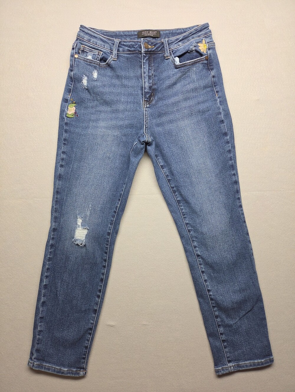 Judy Blue Floral Embroidered Distressed Boyfriend Jeans Blue 9/29 JB88288